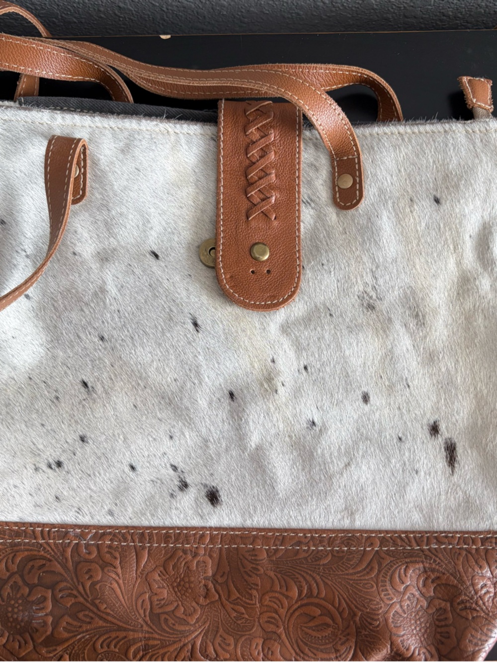 Myra Bag White and Brown Cowhide Crossbody with Tooled Leather Trim
